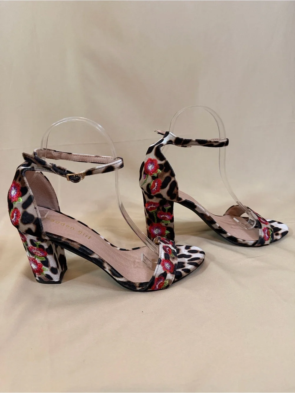 Madden Girl Leopard Print Block Heel Sandals with Floral Accent - Women